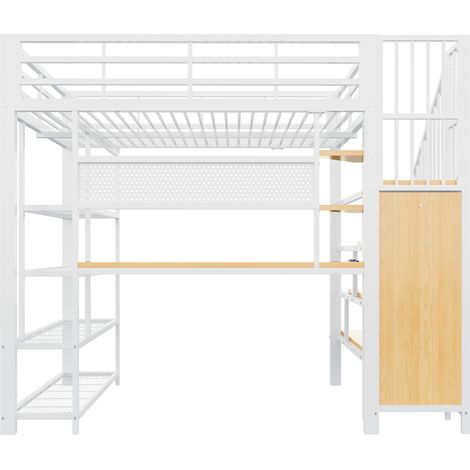 Metall-Hochbett weiß 140 x 200 cm mit Schreibtisch, Regalen, Treppe und LED (1/5)