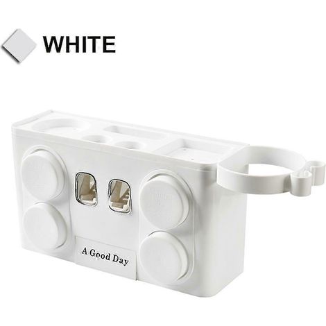 Ensemble de salle de bain 4 en 1 comprenant un distributeur de dentifrice automatique auto-adhésif, une brosse à dents, un sèche-cheveux et un porte-tasse. Fixation murale.