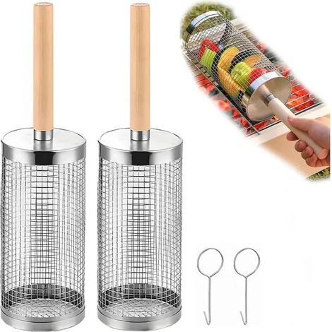 Set de 2 paniers cuisson pour barbecue en acier inoxydable 304 forme cylindrique avec manche bois amovible, accessoires (1/5)