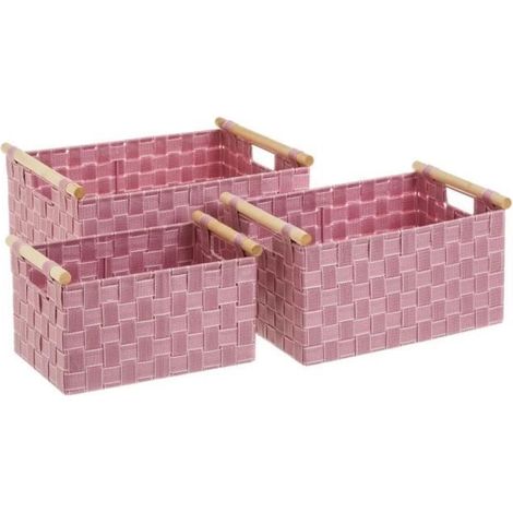 Panier de rangement - JUANIO - JUANIO - Tressé - Lot 3 tailles empilables - Polypropylène rose (1/4)