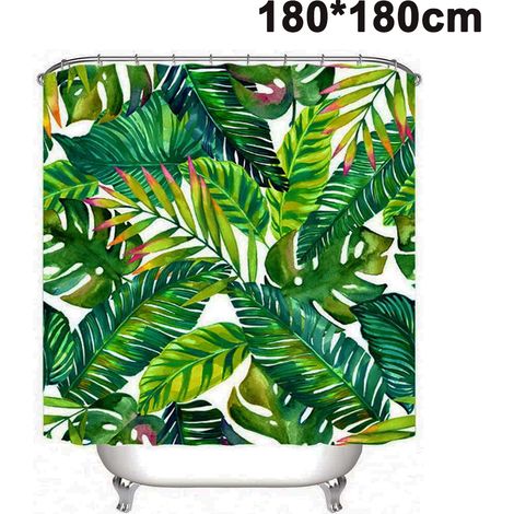 Rideau de douche tropical, ensemble de rideaux de salle de bain en tissu à feuilles de bananier vert avec crochets, décoration de salle de bain lavable en machine
