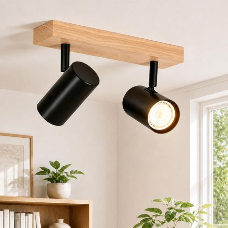 Spots de plafond Noir Plafonnier LED 2 Spots Bois Éclairage de Plafond GU10 Spot Applique Orientable 350°pour Cuisine Couloir Salon Chambre à Coucher Sans Ampoules (1/5)