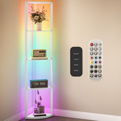 RGB LED Floor Lamp with Shelves, 5-Tier Dimmable Standing Lamp with Adjustable Brightness and Remote Control, Modern Corner Display Shelf Unit for Living Room Bedroom Office, White