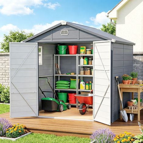 Abri de jardin résine gris anthracite 4,56 m², kit sol acier galvanisé inclus, ossature alu 240x190x228 cm, cabanon robuste avec fondation. (1/5)