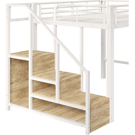 Lit Mezzanine 140 x 200 cm métal tiroirs barre de penderie garde-corps escalier rangement blanc (1/4)