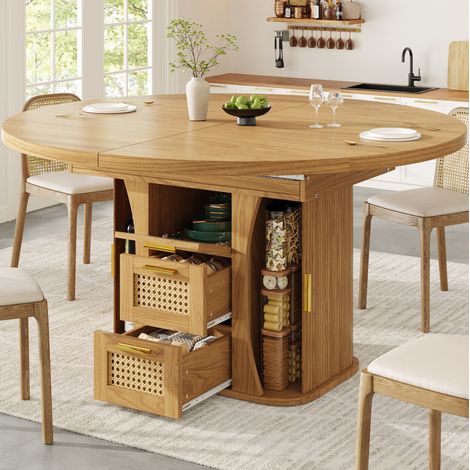Table de salle à manger extensible 118-158x118x77,1 cm en MDF naturel, avec rangement, FloraGrace (1/5)