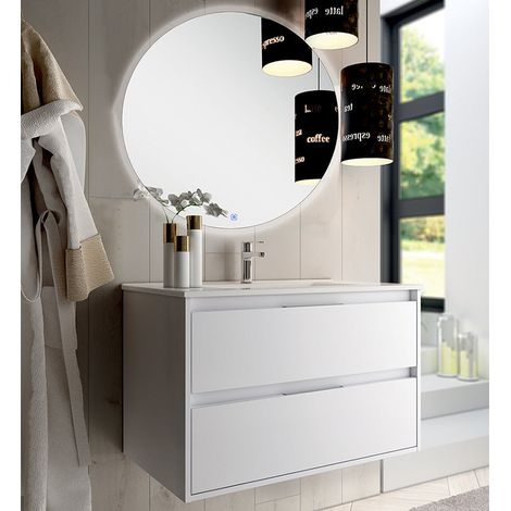 Meuble de salle de bain simple vasque - 2 tiroirs - blanc - IRIS et miroir rond Led SOLEN - 80cm (1/5)
