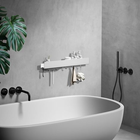 Étagère de douche sans perçage - 50 cm - En acier inoxydable - Avec 5 crochets amovibles - Support de shampooing pour douche - Blanc (1/5)