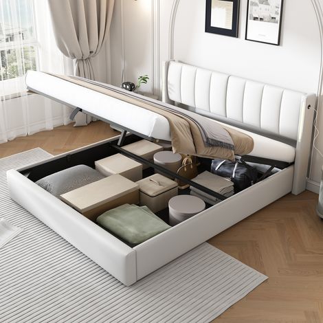 Lit coffre blanc en PU 160x200 cm, lit double rembourré LED télécommande avec USB Type-C, tête de lit réglable, sommier lattes (1/5)