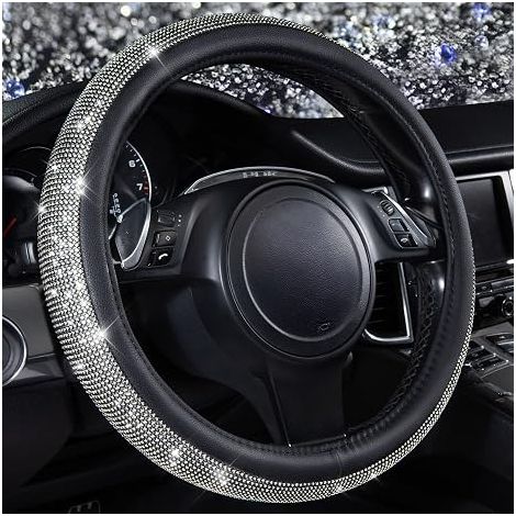 1-teiliger Lenkradbezug aus schwarzem Leder „Diamantschwarz“ mit funkelnden Strasssteinen, 45,7 cm (1/5)