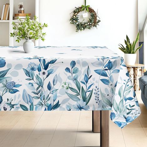 Mantel rectangular antimanchas con estampado de hojas y flores, lavable, impermeable, de poliéster, azul, 140 x 180 cm, ideal para primavera/verano. (1/4)
