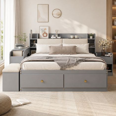 DESMIU Lit combiné Lit double avec 2 tiroirs, tête de lit de rangement et banquette, 140 × 200 cm, sans matelas (1/5)