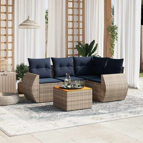 5-teiliges Gartensofa-Set mit Kissen, grau, Polyrattan