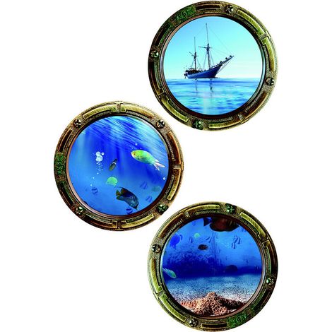 Sticker 3 hublots avec vue sur bateau et sous marine - 1 planche 42,5 x 65 cm (1/5)