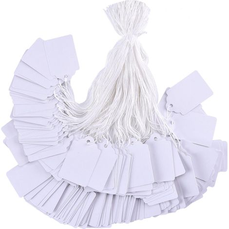 Weiße Preisschilder mit Schnur (100 Stück, 4,4 × 2,8 cm), glatte Oberfläche, ideal für Flohmärkte, Schmuck oder Kleidung