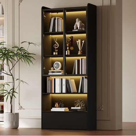 Vetrina alta 80 x 34 x 180 cm con 1 cassetto, ante in vetro, LED, nera HAVRYA (1/5)