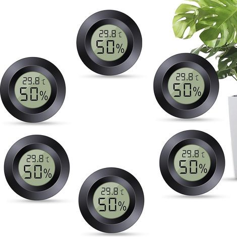 Mini digital thermometer-hygrometer, switchable °C/°F display, pack of 6, black, freestanding, for home, school, wine cellar, greenhouse, basement, warehouse (6 units, round) (1/5)
