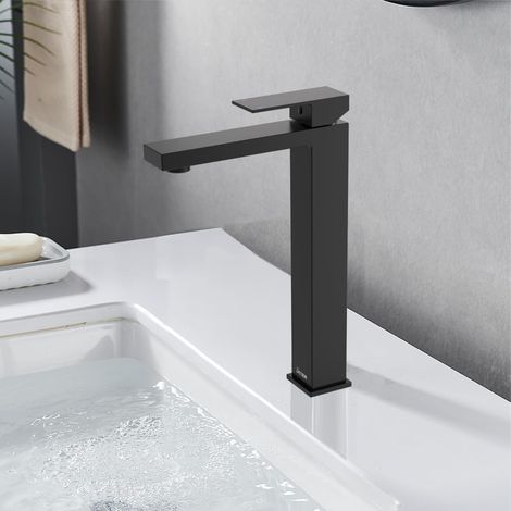 Mitigeur de lavabo noir mat, robinet extra haut 250 mm pour vasque, mélangeur monocommande à levier unique, finition brossée, salle de bain moderne. (1/5)