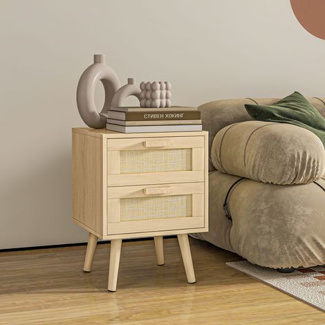 Mesita de noche para dormitorio con 2 cajones, elegante mesa auxiliar de estilo bohemio de 40x40x56 cm, color madera natural. (1/5)