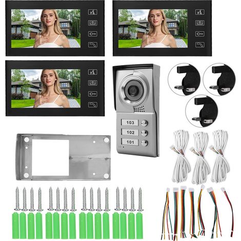 Interphone vidéo filaire 7 pouces pour 3 appartements, kit sonnette avec caméra IR, écran de surveillance, alimentation UK 110-240V (1/5)
