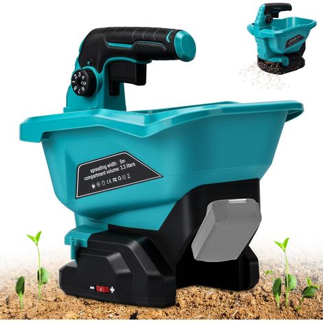 Power Spreader Compatible avec batterie 18 V, épandeur de semences pour toute l'année, sel gemme, largeur de scie maximale 5 m (sans batterie, bleu) (1/5)