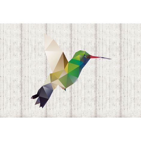 Papier peint panoramique oiseaux effet béton | Tapisserie panoramique oiseaux géométrique multicolore | Papier peint panoramique moderne salon - 267 x 400 cm (4 pièces) (1/2)