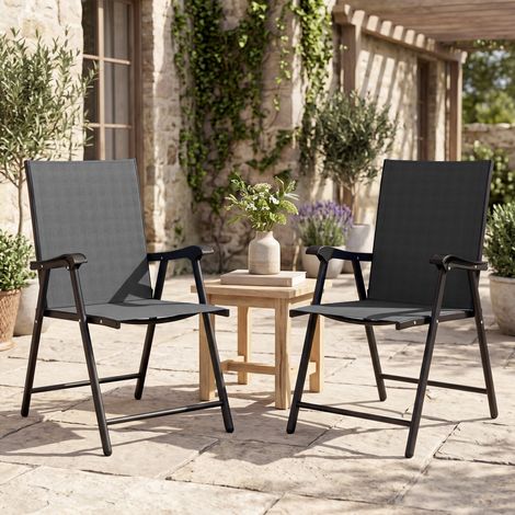 Ensemble de 2 chaises de jardin pliantes avec dossier haut et accoudoirs, acier, Textline, 58 x 62 x 97 cm, noir (1/5)