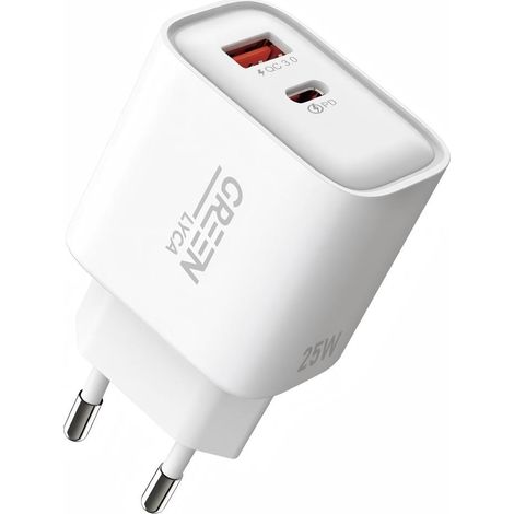 Carregador Green Lyca Branco - 25W PD Carregamento Rápido, 2 Interfaces, Compatível com Samsung/Huawei/Oppo (1/2)