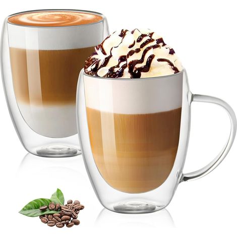 Tasse à Café Double Paroi, 2PCS 400ml Tasses en Verre à Double Paroi, Tasse à Café en Verre avec Poignée, Tasse à Café Isotherme, Verres à Expresso pour Latte, Cappuccino, Lait, Thé (1/5)