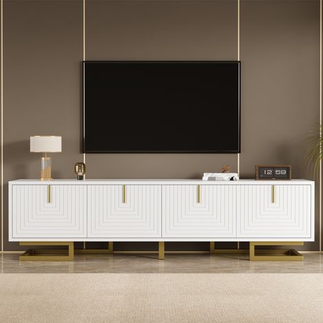 Meuble TV 160 x 38 x 44.5 cm - 4 portes - Poignées et pieds dorés - Panneaux de particules - Blanc (1/5)