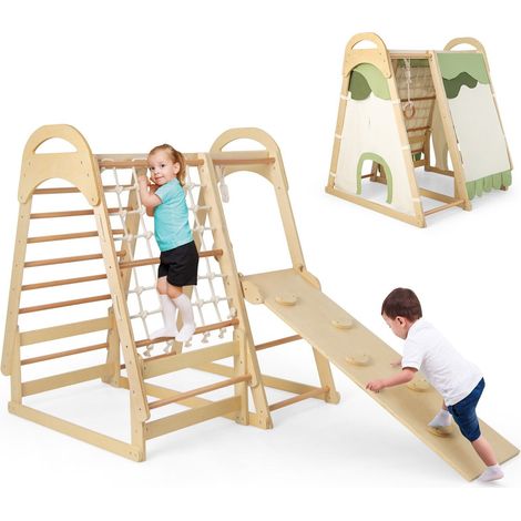 Wooden Climber Playset with Slide Removable Tent Climbing Ladder Jungle Gym Play (1/5)