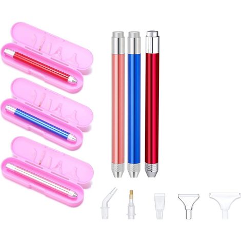 Lot de 3 stylos lumineux LED pour peinture diamant 5D, 15 embouts (rose, bleu, rouge) et accessoires de colle. (1/5)