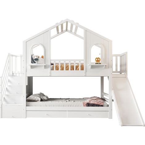 Lit superposé 90x200cm Lit enfant avec 3Tiroirs intégrés fenêtres arrondies, échelle rangement et toboggan - Blanc (1/5)