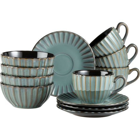 Série Confino Service de table pour 4 personnes au look vintage moderne 12 pièces en céramique bleu pétrole avec accents noirs (1/5)