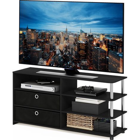 Meuble TV Conception Simple avec Poubelles Jusqu'à 55 pouces, Americano/Acier Inoxydable/Noir (1/5)