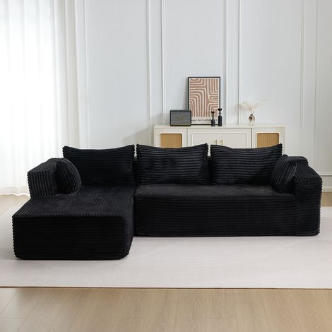 Canapé d'angle modulable avec méridienne, canapé-lit L confortable profond, velours côtelé noir pour salon/chambre/appartement (1/4)