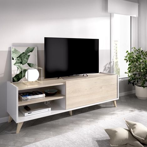 DEKIT - Mueble Bajo de TV color Blanco / Natural - 47x155x43 cm - Modelo NESS (1/5)