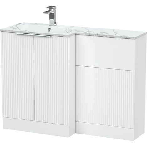 Tixall Contemporary Floor Standing 2 Door Vanity WC Combination Unit with Carrera Marble Stone Basin, Left Hand, 1100mm, White (1/4)
