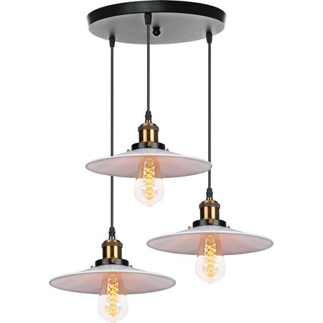 3 Tête Lustre Suspension Fer Abat-jour en Métal Luminaire Vintage Industrielle Blanc et Noir (1/5)