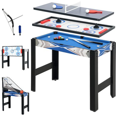 Table de loisirs 5 en 1 bleue : billard, tennis de table, palets, mini panier de basket, arc et flèches