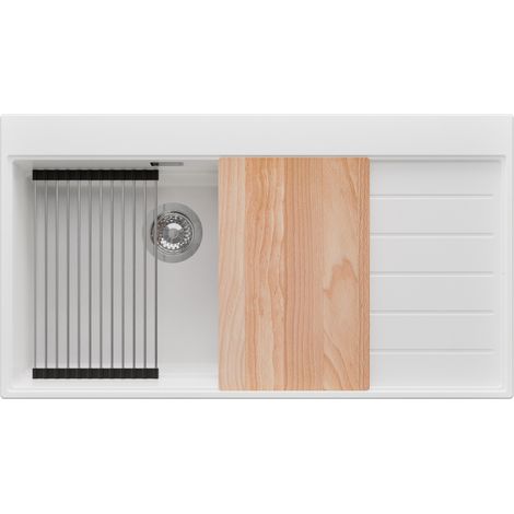 PRIMAGRAN Evier Cuisine en Granit 90x50cm,Lavabo 1 bac + Kit de Vidage + Accessoires, Évier à Encastrer au meuble 60cm - Sydney, Blanc (1/5)