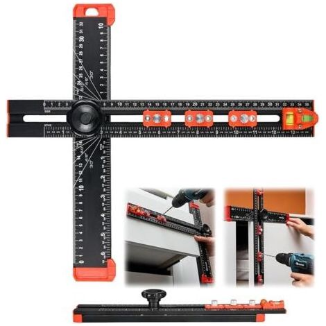 Kaelt - LAN Règle de positionnement de perçage 4 en 1 en aluminium avec double niveau à bulle - Longueur et angle réglables - Pour la construction d'étagères et de meubles (1/5)