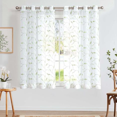 Lot de 2 Rideau Voilage avec Oeillets et Feuilles Brodées Rideau Fenetre Transparent Vert sur Blanc Décoration d'Intérieur Romantique Rideau Léger Frais pour Salon Chambre 140 x 145 cm (L x H) (1/5)