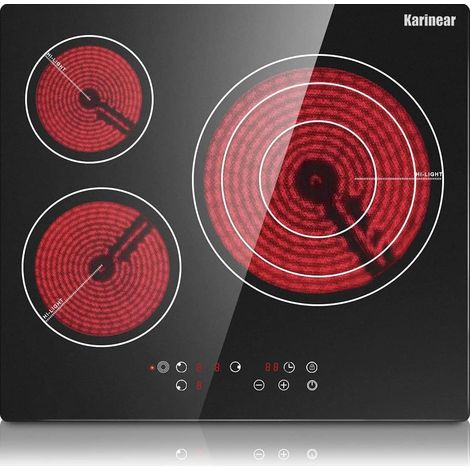 Karinear Plaque de cuisson en céramique intégrée 3 foyer, Table de cuisson électrique en verre cristal noir avec commande tactile, Minuteur, Securite enfant, 5700w, pas de prise incluse