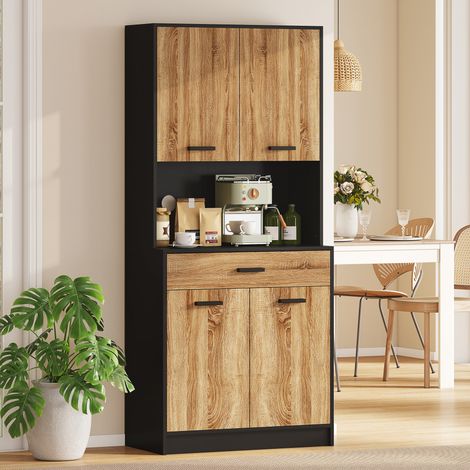 Buffet de cuisine en bois avec 2 placards à double porte et un tiroir, 80 x 40 x 180 cm, coloris noir et bois (1/5)