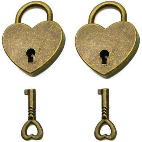 Set of 2 Vintage Style Heart Shaped Mini Padlock with Key Antique Bronze