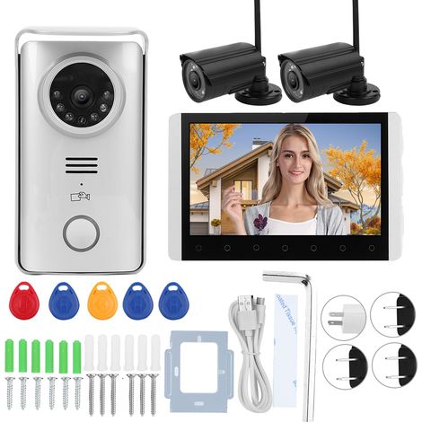 Sonnette vidéo 7 pouces TFT LCD 2.4G sans fil, badgeuse à carte, vision nocturne, interphone visuel avec 2 caméras de surveillance 100-240V prise US (1/5)