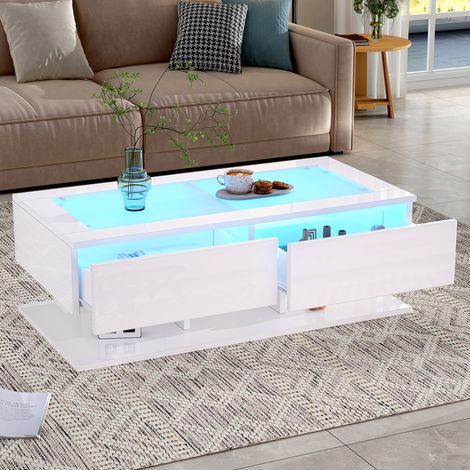 Couchtisch 100x50x35 cm Weiß aus Spanplatte und gehärtetem Glas mit 2 Schubladen und LED-Beleuchtung (1/5)