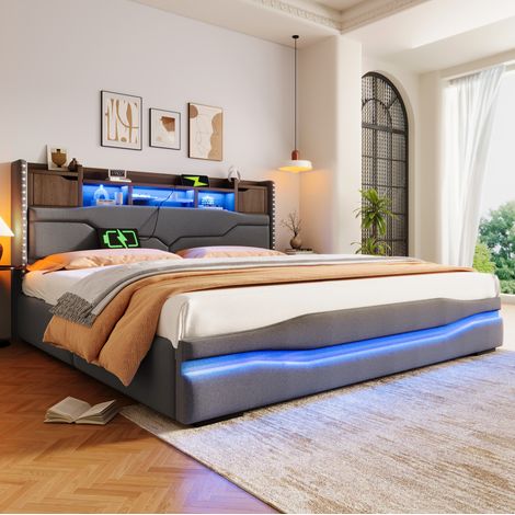 Letto matrimoniale imbottito 180x200 grigio con contenitore idraulico, LED e ricarica USB/Type-C, senza materasso, CHICFURN (1/5)