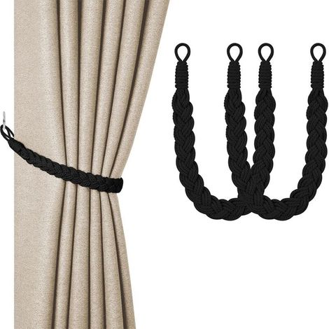 Attaches de Rideaux, 2 Noirs Attaches de Rideaux Tissées à la Main, Attaches de Corde de Rideau Tricotées, Accessoires de Rideaux Tricotés pour la Décoration Intérieure et Extérieure (1/5)